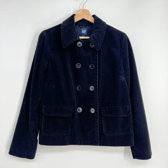 Vintage Y2K Gap Corduroy Peacoat Jacket Womens Large Black Cotton Blend Button - Picture 1 of 9
